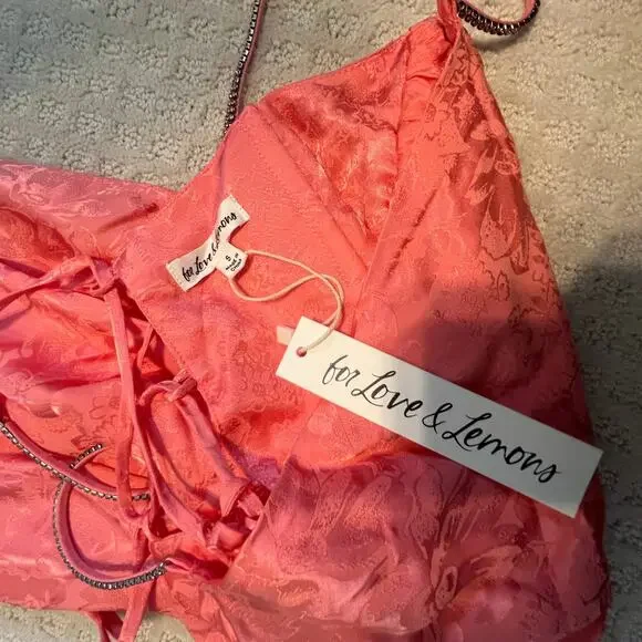 For Love & Lemons Gabrielle Floral Satin Jacquard Slip Mini Dress Peach Pink S - Picture 7 of 10